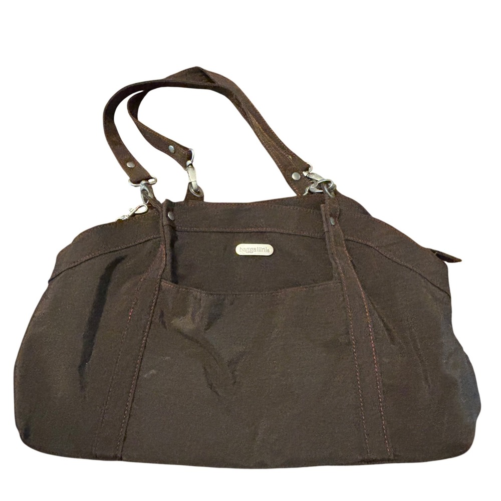 Baggallini Espresso Brown Canvas Shoulder Tote Bag Red Interior Lining